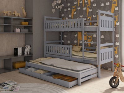 Blanka Contemporary Pine Bunk Bed with Trundle Bed 2 Storage Drawers in Grey (L)1980mm (H)1640mm (W)980mm