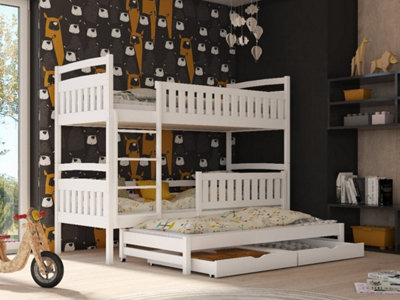 Blanka Contemporary Pine Bunk Bed with Trundle Bed 2 Storage Drawers in White (L)1980mm (H)1640mm (W)980mm