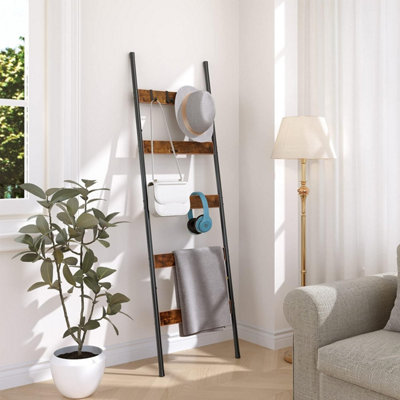 Blanket Ladder, Towel Rack with Hooks, Towel Ladder, 5-Tier Wall-Leaning Blanket Rack, Decorative Display Ladder Shelf, for Scarve