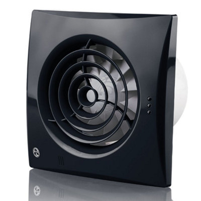 BLAUBERG CALM Black Bathroom Extractor Fan. Humidity Sensor and Run on Timer. Size: 158x158x26mm, Spigot: 99mm Diameter