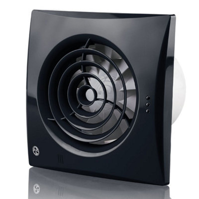 BLAUBERG CALM Black Bathroom Extractor Fan. Light Switch activation with Run on Timer. Size: 158x158x26mm, Spigot: 99mm Diameter