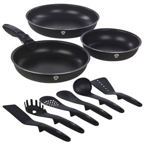 BLAUMANN 10 Pcs Black Matt Colour Aluminium Induction Space Saving Cookware Frying Pan Set Detachable Handle with 6 Tools
