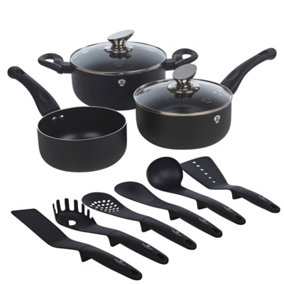 BLAUMANN 11 Pcs Matt Black Colour Induction Soft Touch Cookware Pots Pan Saucepan & Kitchen Tool Set