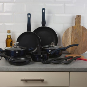 BLAUMANN 14 Pcs Aquamarine Colour Cookware Pots Pans Set With Soft Touch Handles & Kitchen Tool Set