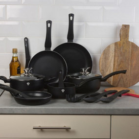 BLAUMANN 14 Pcs Matt Black Colour Cookware Pots Pans Set With Soft Touch Handles & Kitchen Tool Set
