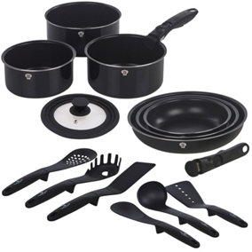 BLAUMANN 15 Pcs Black Matt Colour Aluminium Induction Space Saving Cookware Frying Pan Set Detachable Handle with 6 Tools