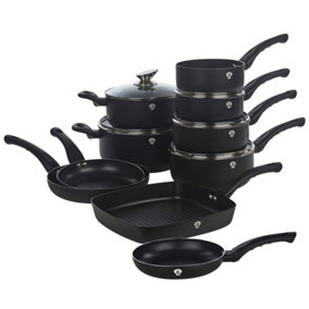 BLAUMANN 15 Pcs Black Matt Colour Cookware Frying Cooking Grill Pan Pots Saucepan Soft Touch Handle