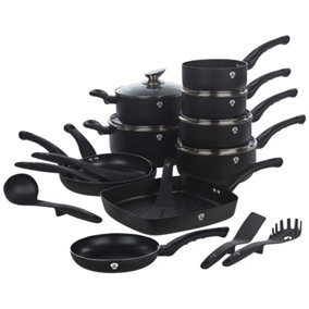 BLAUMANN 21 Pcs Black Matt Colour Cookware Pots Grill Pans with Soft Touch Handles & Kitchen Tool Set