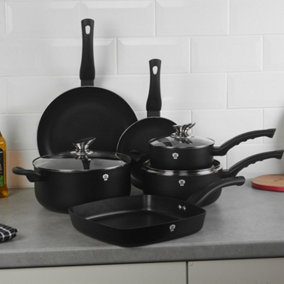 BLAUMANN 9Pc Set Matt Black Colour Cookware Frying Grill Pots Saucepan Casserole Soft Touch Handle