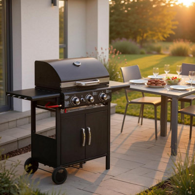 Blazebox 3 Burner Gas BBQ Chrome Grill Warming Rack Side Tables Black ...