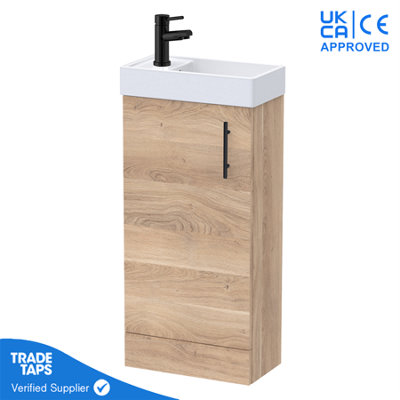 Bleached Oak Gloss Floor Standing Vanity Unit 400mm with Black Tap, Waste & Handle