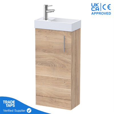 Bleached Oak Gloss Floor Standing Vanity Unit 400mm with Chrome Tap, Waste & Handle