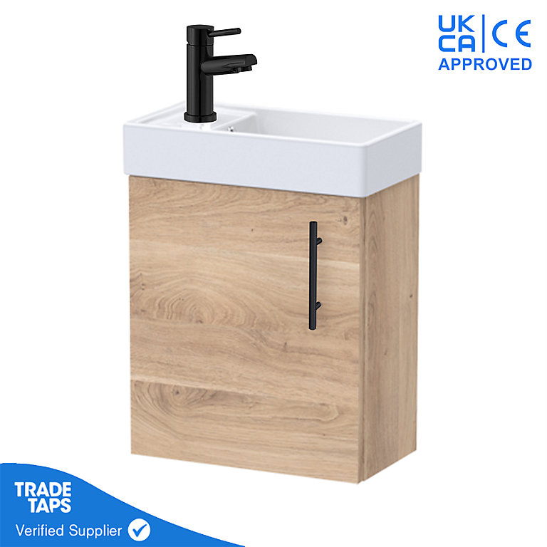 Bleached Oak Gloss Wall Hung Vanity Unit 400mm with Black Tap, Waste & Handle | DIY at B&Q