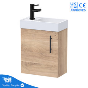 Bleached Oak Gloss Wall Hung Vanity Unit 400mm with Black Tap, Waste & Handle