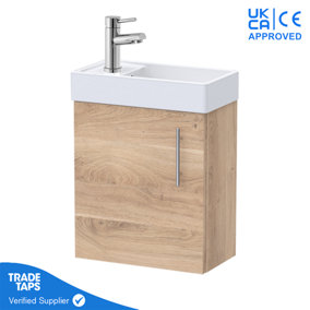 Bleached Oak Gloss Wall Hung Vanity Unit 400mm with Chrome Tap, Waste & Handle