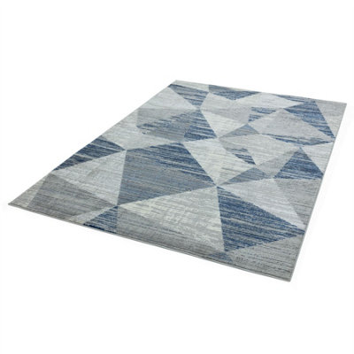 Block Blue Chequered Geometric Jute Backing Rug for Living Room Bedroom ...