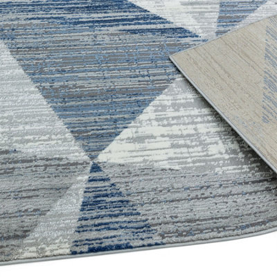 Block Blue Chequered Geometric Jute Backing Rug for Living Room Bedroom ...