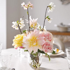 Bloom Artificial Andre Arrangement in Glass Vase - Colourful Faux Fake Dahlia & Rose Flower Stem Centrepiece - H45cm x W25cm