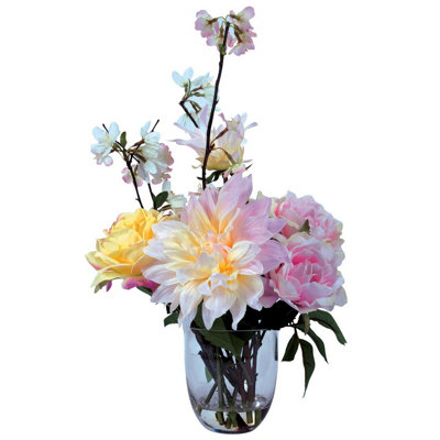 Bloom Artificial Andre Arrangement in Glass Vase - Colourful Faux Fake Dahlia & Rose Flower Stem Centrepiece - H45cm x W25cm