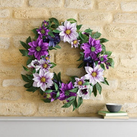 Bloom Artificial Clematis Wreath - Faux Fake Purple Flower Arrangement, Indoor Home Wall or Door Decoration - 50cm Diameter