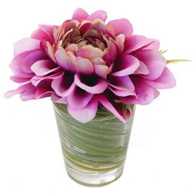 Bloom Artificial Faux Fake Realistic Aster Dahlia Flower Arrangement in Glass Vase - Flower of the Month October - Measures H10cm