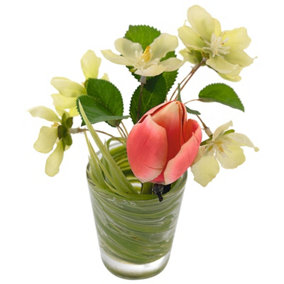Bloom Artificial Faux Fake Realistic Tulip Flower Arrangement in Glass Vase - Flower of the Month April - Measures H10cm