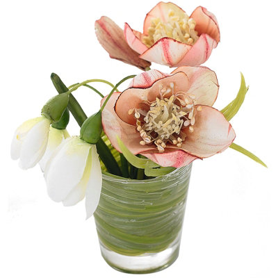 Bloom Artificial Faux Hellebore & Snowdrop Flower Arrangement in Glass