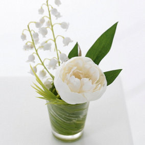 Bloom Artificial Faux Peony & Lily of the Valley Flower Arrangement in Glass Vase - Flower of the Month May - Measures H10cm