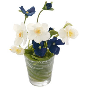 Bloom Artificial Faux Realistic Narcissus & Pansy Flower Arrangement in Glass Vase - Flower of the Month March - Measures H10cm