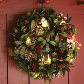 Bloom Artificial Frosted Berry LED Wreath - Faux Fake Foliage Home Wall, Door, Table Decoration - Measures 26cm Diameter
