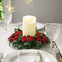 Bloom Artificial Holly Berry Candleholder Wreath - Indoor Home Table Centrepiece Festive Christmas Decoration - 27cm Diameter