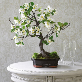 Bloom Artificial Kyoto Pear Blossom Bonsai Tree in Planter - Japanese Oriental Style Indoor Faux Houseplant - H48cm x W43cm