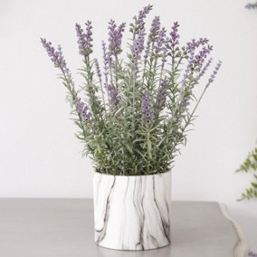 Bloom Artificial Lavender in Marble-Effect Pot - Colourful Faux Fake Realistic Lifelike Purple Flower Potted Plant - H45cm