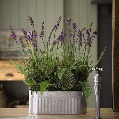 Bloom Artificial Lavender Plant in Metal Trough Faux Fake Realistic