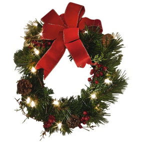Bloom Artificial LED Ribbon Wreath with Pinecones & Berries - Festive Christmas Wall, Door or Table Decoration - 40cm Diameter