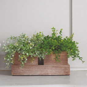 Bloom Artificial Mind Your Own Business Arrangement - Faux Realistic Green Flower Plant in Wooden Planter - H18 x W25 x D12cm