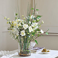 Bloom Artificial Mixed White Rose Arrangement in Glass Vase - Faux Fake Realistic Flower Display - Measures H57 x W43cm
