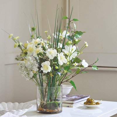 Bloom Artificial Mixed White Rose Arrangement in Glass Vase - Faux Fake ...
