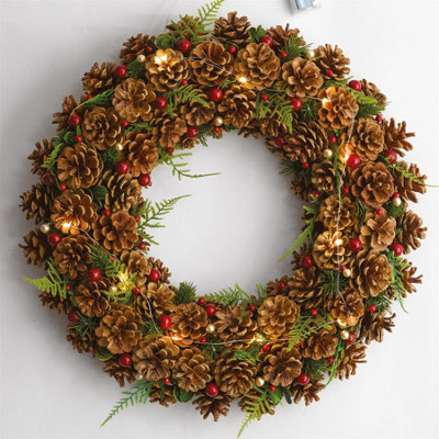 Bloom Artificial Painswick LED Wreath with Faux Foliage, Pinecones & Berries - Home Wall Door or Table Decoration - 50cm Diameter Price Comparisons | Compare The Build