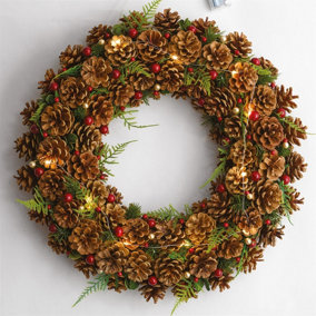 Bloom Artificial Painswick LED Wreath with Faux Foliage, Pinecones & Berries - Home Wall Door or Table Decoration - 50cm Diameter