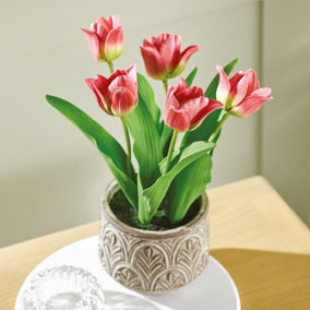 Bloom Artificial Pink Tulips in Cement Pot - Colourful Faux Fake Realistic Lifelike Flower Potted Plant - H28 x 20cm Diameter