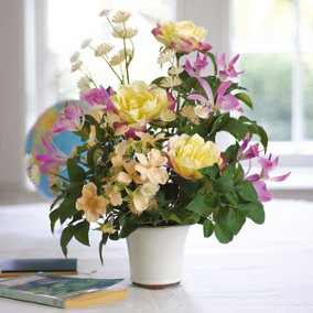 Bloom Artificial Pleione Orchid & Yellow Rose Arrangement in Vase - Faux Flower Centrepiece Floral Home Decoration - H44 x W38cm