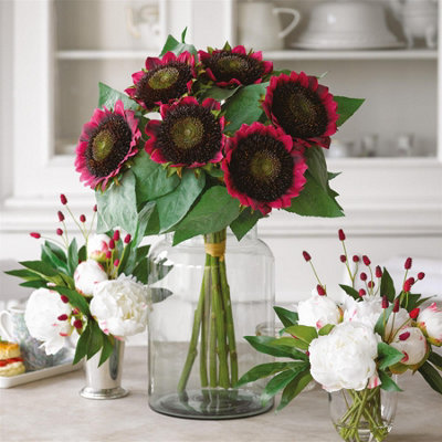 Bloom Artificial Red Sunflower Bouquet Faux Fake Silk Flower