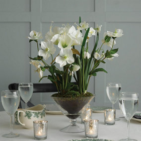 Bloom Artificial White Amaryllis Plant Arrangement in Vase - Faux Fake Realistic Houseplant Floral Home Decoration - H50cm x W35cm