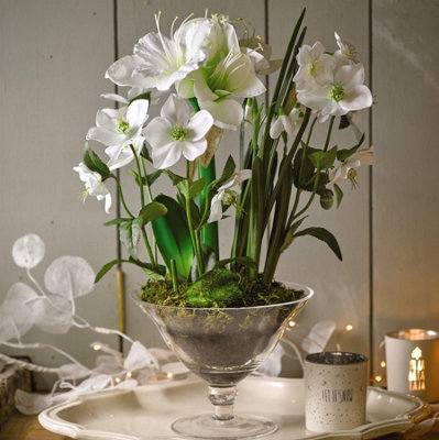 Bloom Artificial White Amaryllis Plant Arrangement in Vase - Faux Fake Realistic Houseplant Floral Home Decoration - H50cm x W35cm