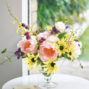 Bloom Artificial Wild Sophisticated Flower Centrepiece in Glass Vase - Colourful Faux Fake Stem Arrangement - H35cm x W30cm