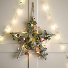 Bloom Hampstead LED Pink Star Wreath - Rustic Twig, Faux Eucalyptus Leaves, Pinecones, Baubles & Stars Decoration - H40 x W40cm