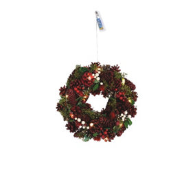Bloom LED Victorian Christmas Wreath with Moss, Pinecone & Berries - Home Festive Xmas Decoration - Measures 25cm Diameter