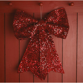 Bloom Sparkly Bow Christmas Decoration - Red Glittery Festive Wall or Door Hanging Ornament - Measures H40cm x W30cm