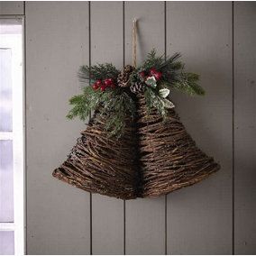 Bloom Twig Bells Hanging Ornament with Pinecone, Berries & Faux Greenery - Indoor Home Festive Christmas Decor - H49 x W43 x D13cm